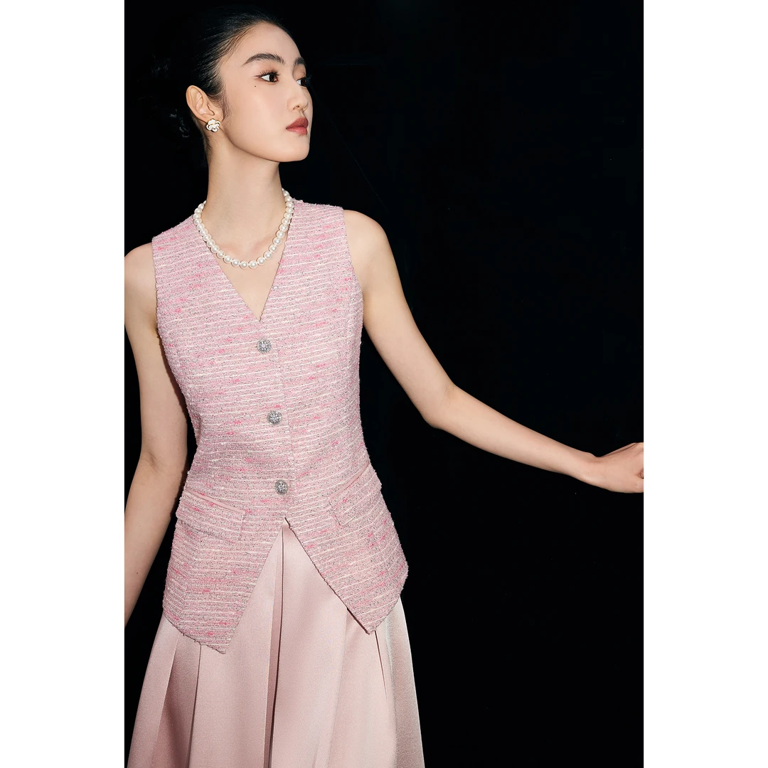 【诗语专属】MandyZhang精致花纱草莓粉马甲女秋马夹背心上衣