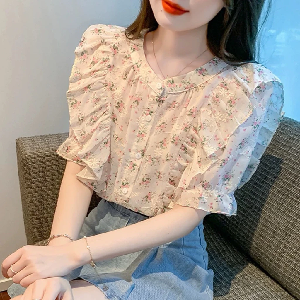 荷叶边碎花雪纺衬衫女夏季2025新款甜美气质短袖衬衣洋气小衫上衣