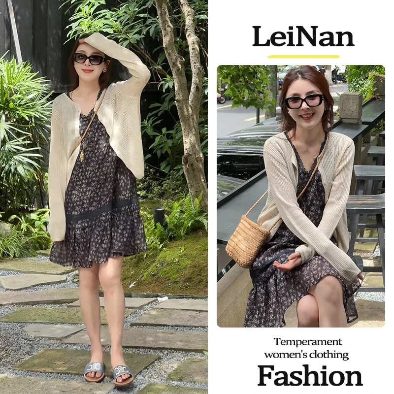 夏季新款慵懒度假风纯色百搭通勤开衫上衣套装复古碎花连衣裙女