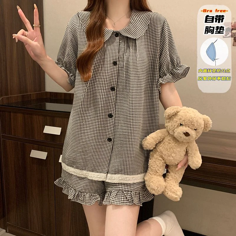 夏季新款睡衣韩系少女格子娃娃领薄款天丝棉夏天宽松套装家居服