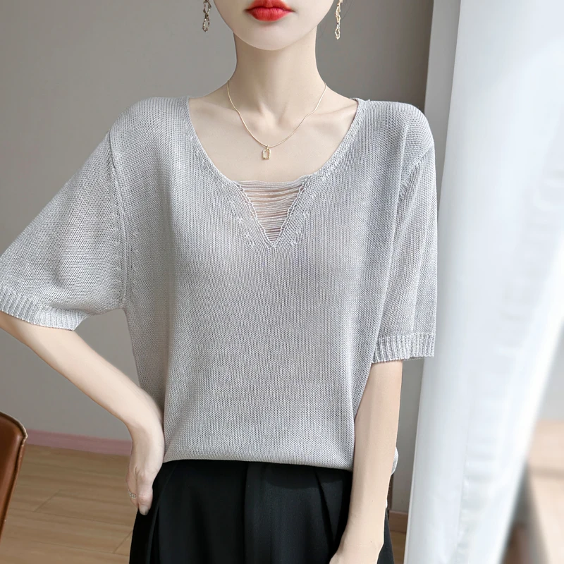 镂空V领冰丝针织短袖T恤女2025新款轻薄舒适宽松显瘦百搭上衣小衫