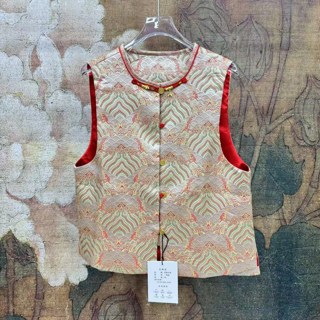 Y中式国风提花洋气时尚竹节扣圆领马甲