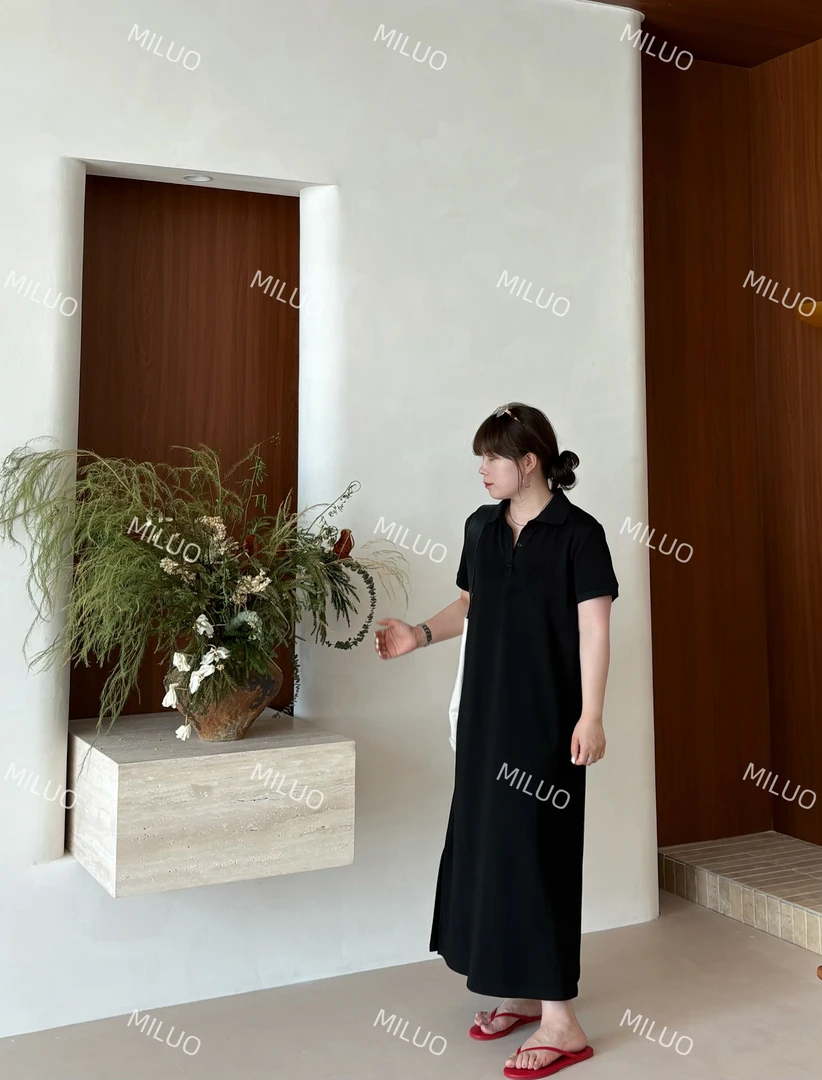 [哈尼家]藏肉主义宽松直筒休闲百搭polo领连衣裙Q133