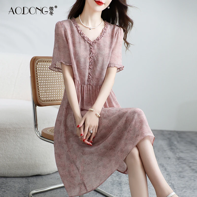 双绉真丝连衣裙女妈妈透气小个子时尚气质桑蚕丝印花显瘦裙子夏季