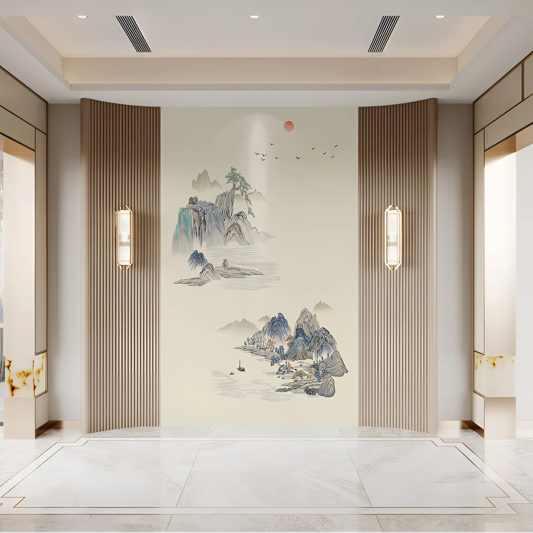 九彩福山新中式刺绣背景墙高档沙发电视入户玄关装饰墙面墙布壁布