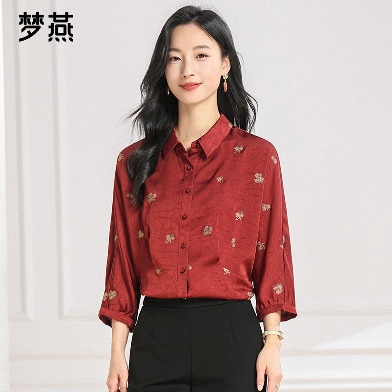 梦燕春秋女款时尚印花经典衬衫宽松新中式国风上衣小衫AA04B5042