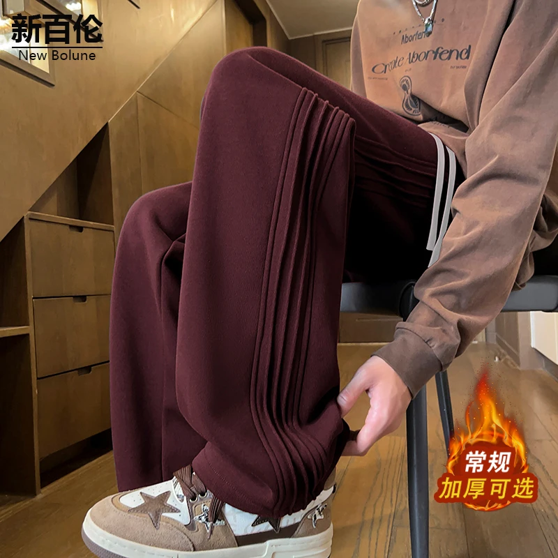 新百伦/NEW BOLUNE条纹休闲裤男款阔腿痞帅加绒保暖垂感直筒裤子