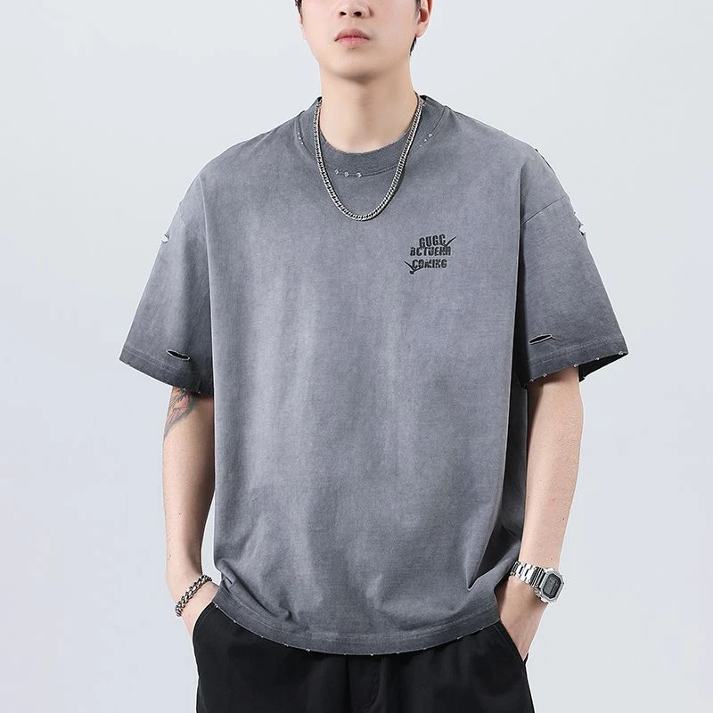 新款潮牌美式高密针织宽松印花时尚百搭男款T半袖短袖上衣纯棉