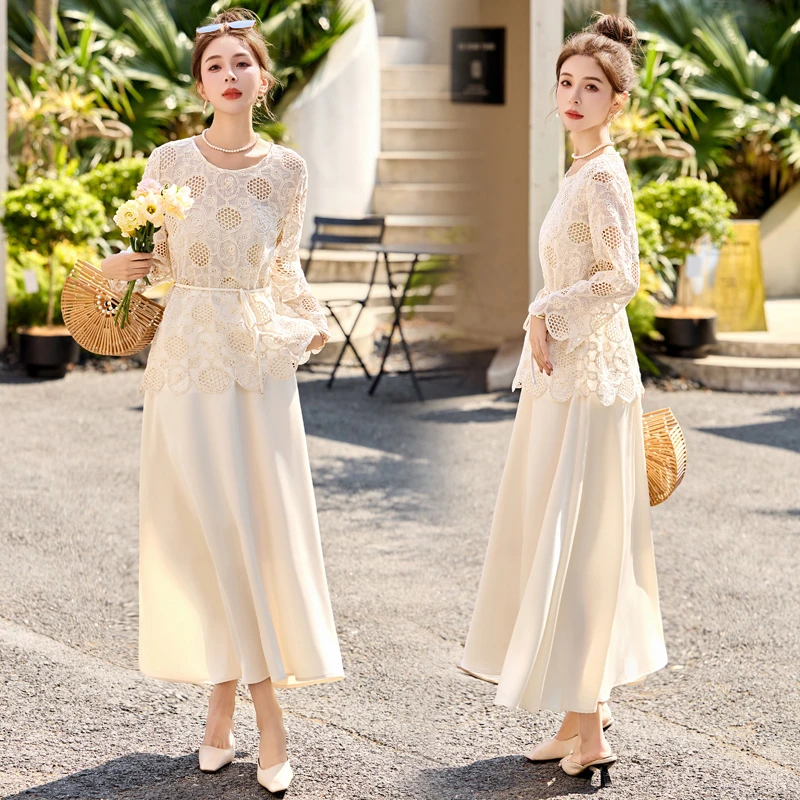 镂空套头宽松显瘦长袖针织衣半身裙套装女2025春夏新款减龄两件套