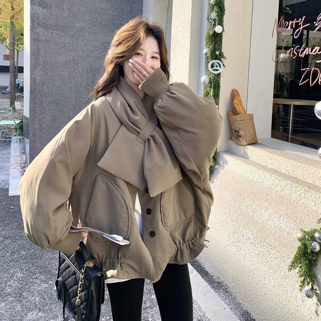 设计款小众围巾领羽绒服女2025冬季新款韩系抽绳下摆90白鸭绒外套