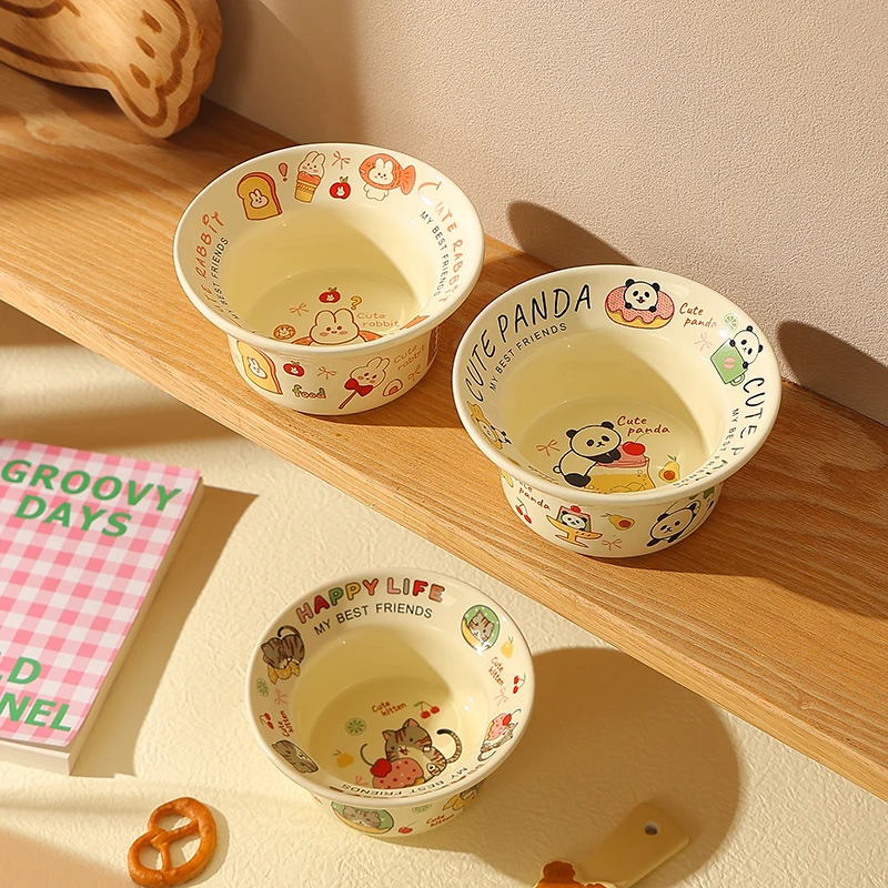 可爱陶瓷碗家用2025新款卡通精致漂亮的饭碗防烫宽边甜品碗沙拉碗