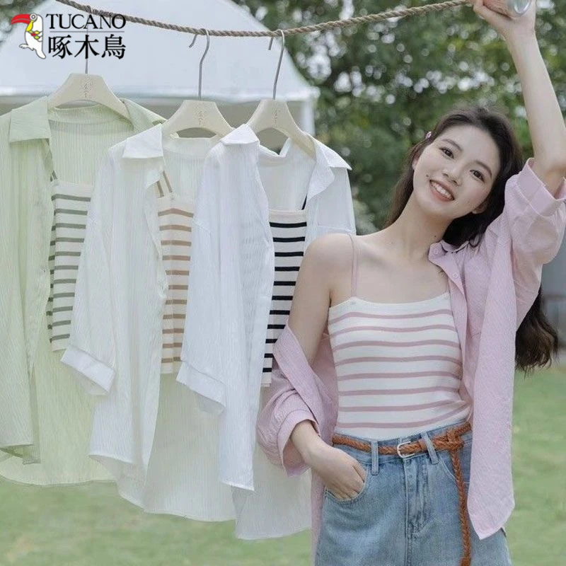 TUCANO/啄木鳥薄荷曼波七分袖防晒衣女衬衫夏季宽松空调衫短外套