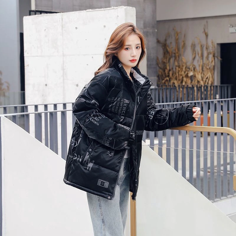 潮牌高端冬季新款情侣服立领女女时尚学生宽松印花加厚外套女休闲