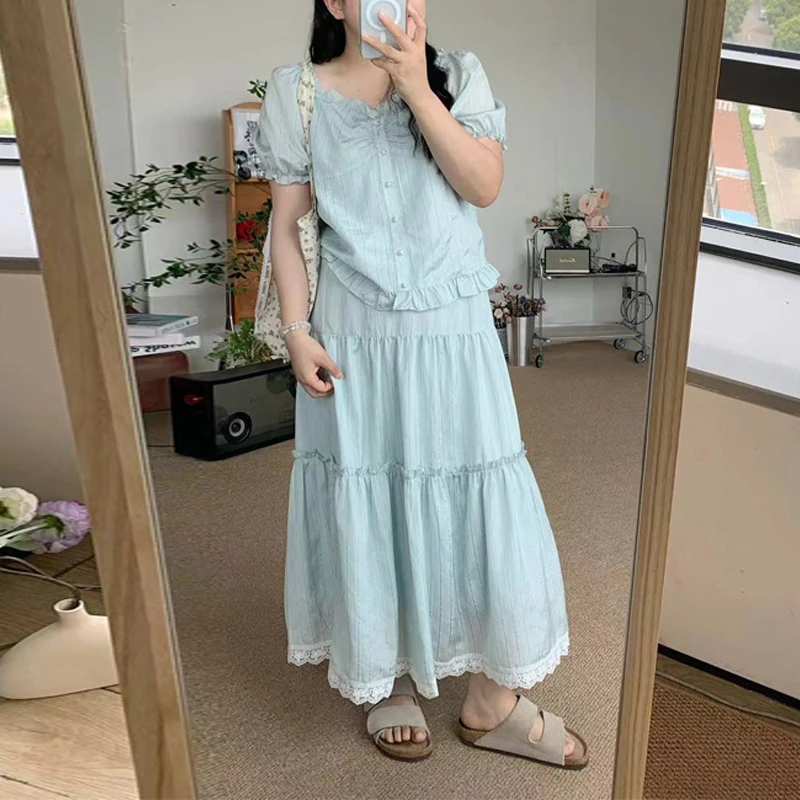 2024新大码薄荷蓝套装甜美花边法式套装夏上衣+蕾丝半身裙两件套