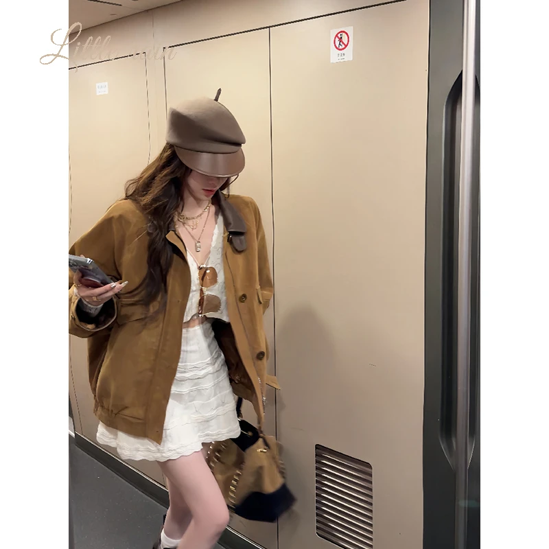 小雨姐姐【西部旧片】时尚复古设计感做旧夹克撞色拼皮翻领收腰外套