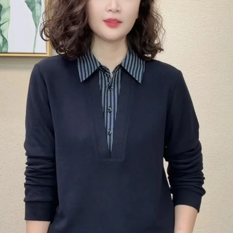 2025秋季新款衬衫领洋气时尚百搭休闲假两件秋装拼接女装小衫上衣