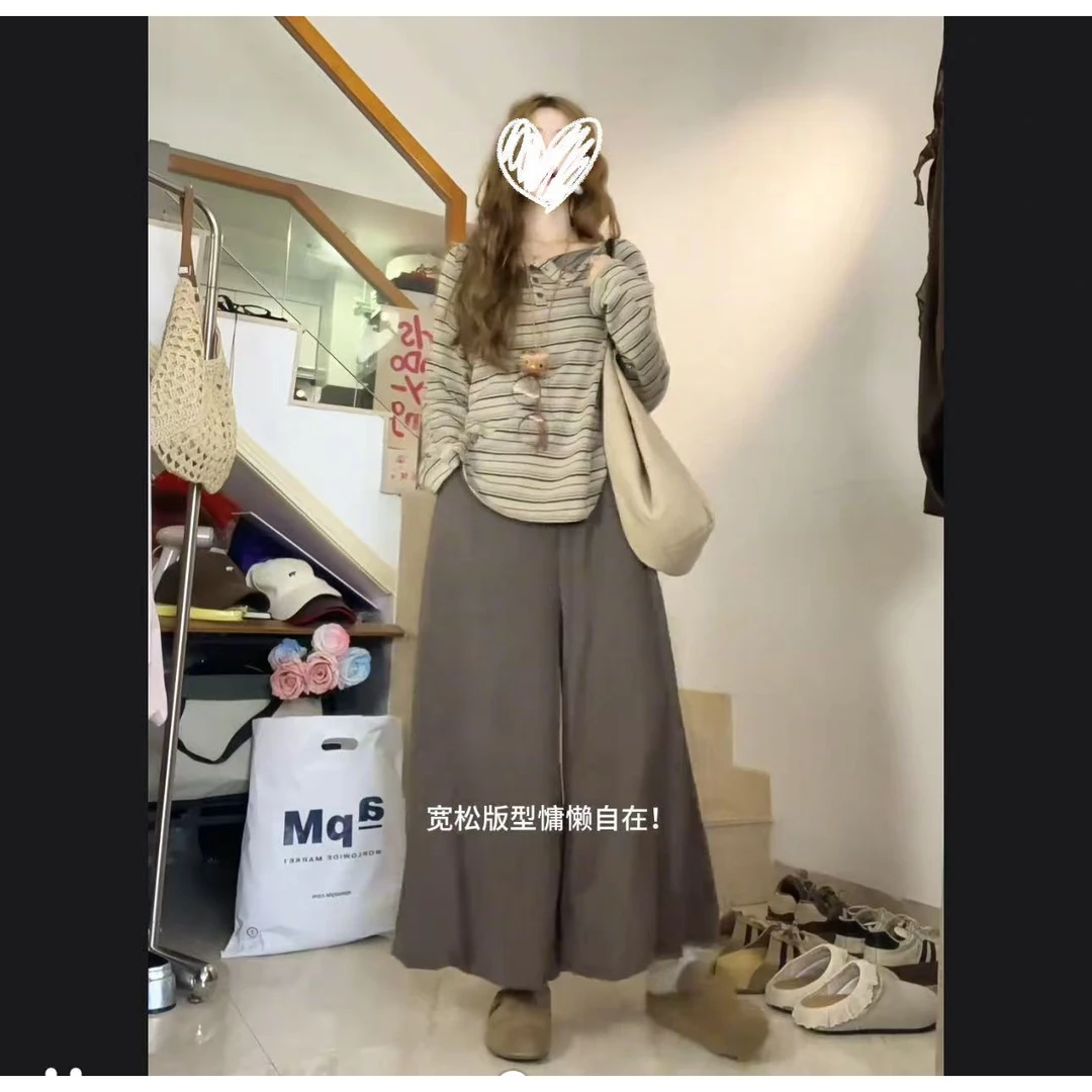 秋季显瘦高腰条纹套装性感风宽松长袖T恤极简风套装