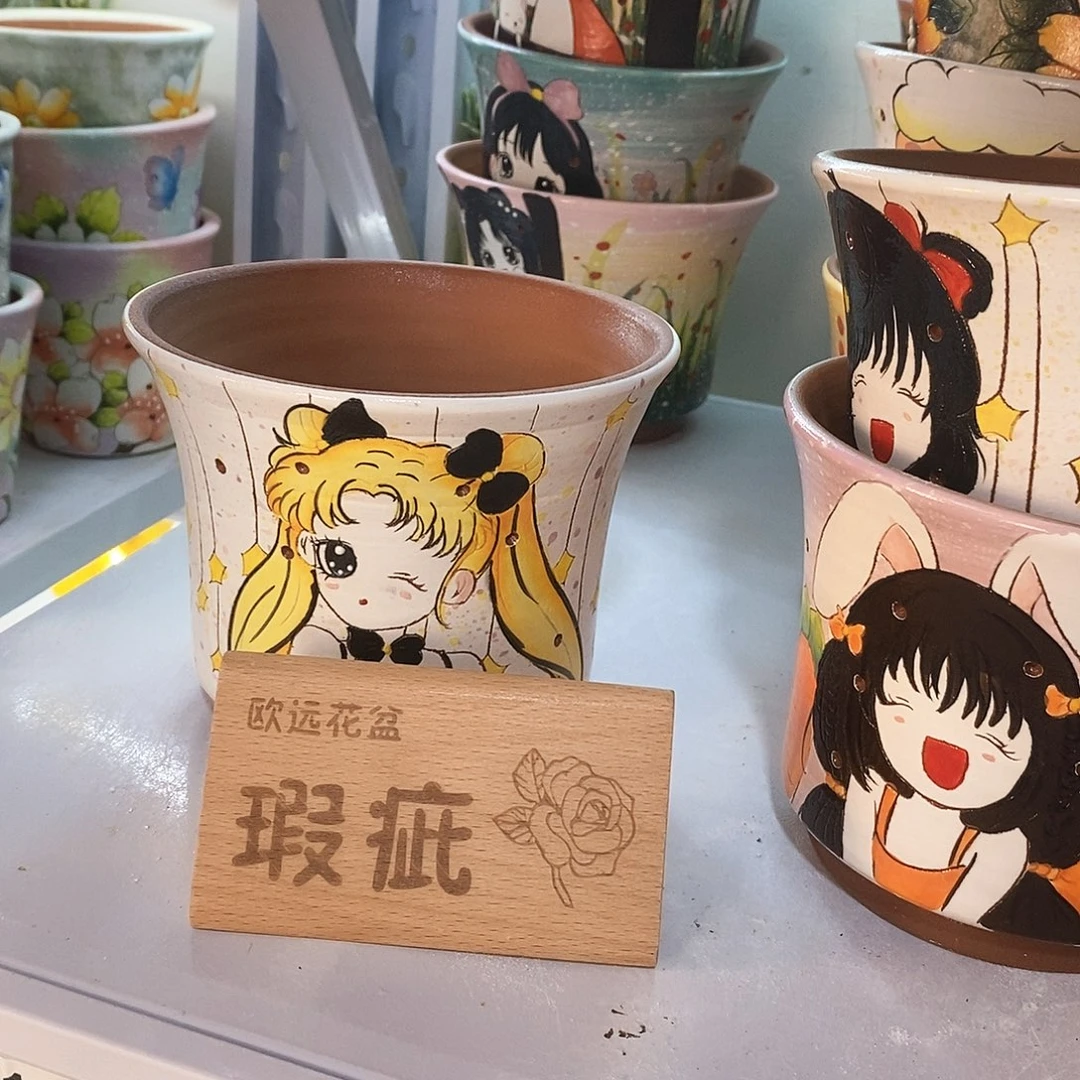 紫砂花盆红陶手绘花盆