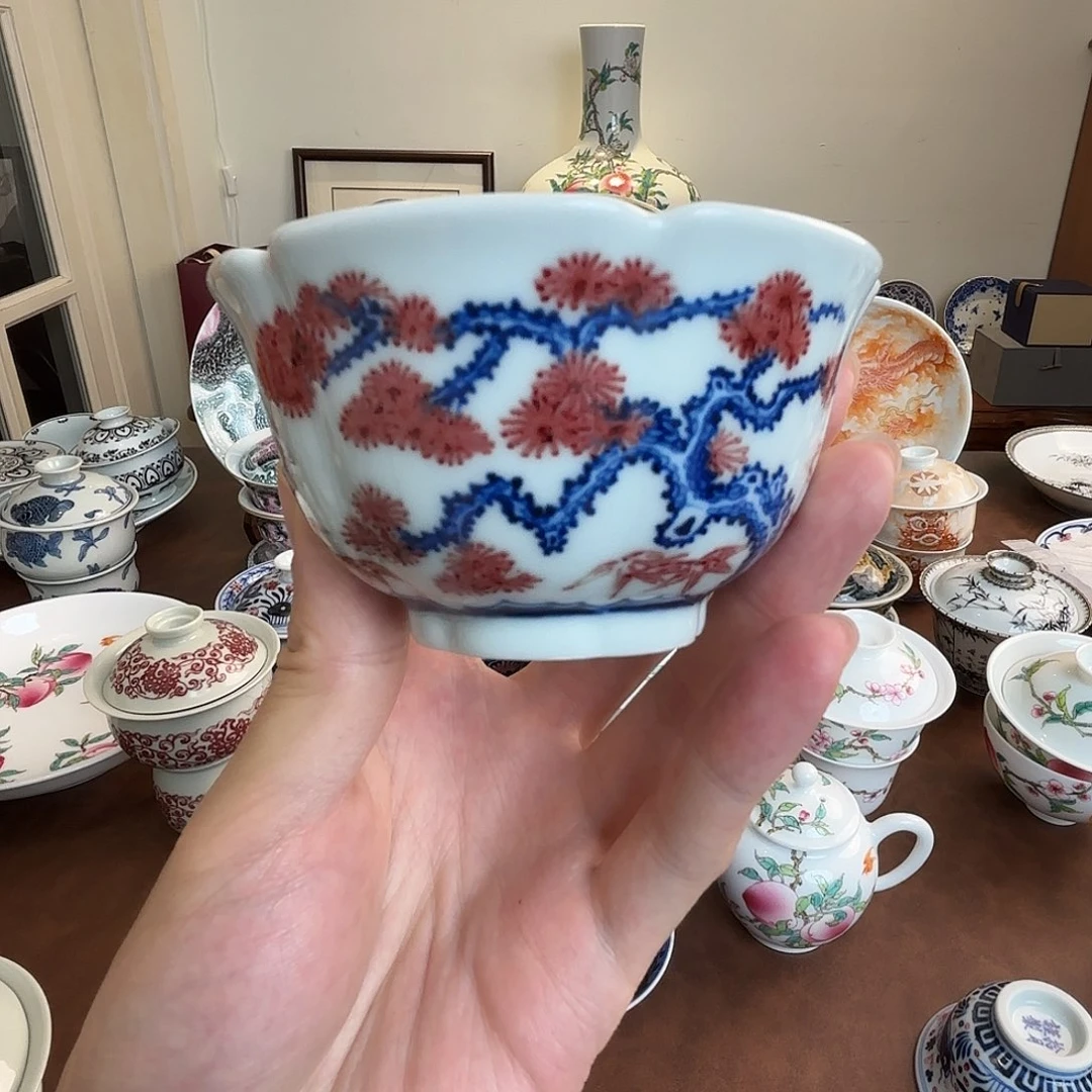 松竹梅釉里红六方杯