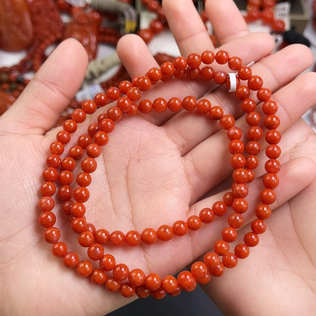 大***鲁南红玛瑙未镶嵌手链瓦西柿子红圆珠多圈5mm（多样式发其一）