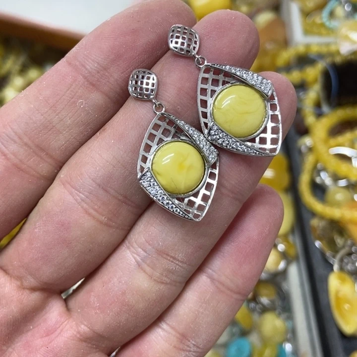 裸石蜜蜡银S925镶嵌耳坠