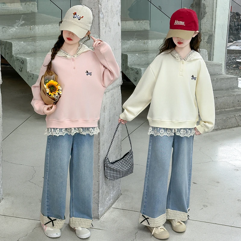 女童春秋套装2025新款洋气女大童时髦韩版蕾丝花边连帽卫衣两件套