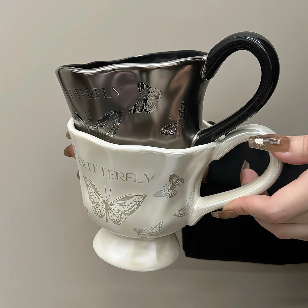 高颜值陶瓷马克杯情侣家用早餐杯高级感高脚杯女生咖啡杯喝水杯子