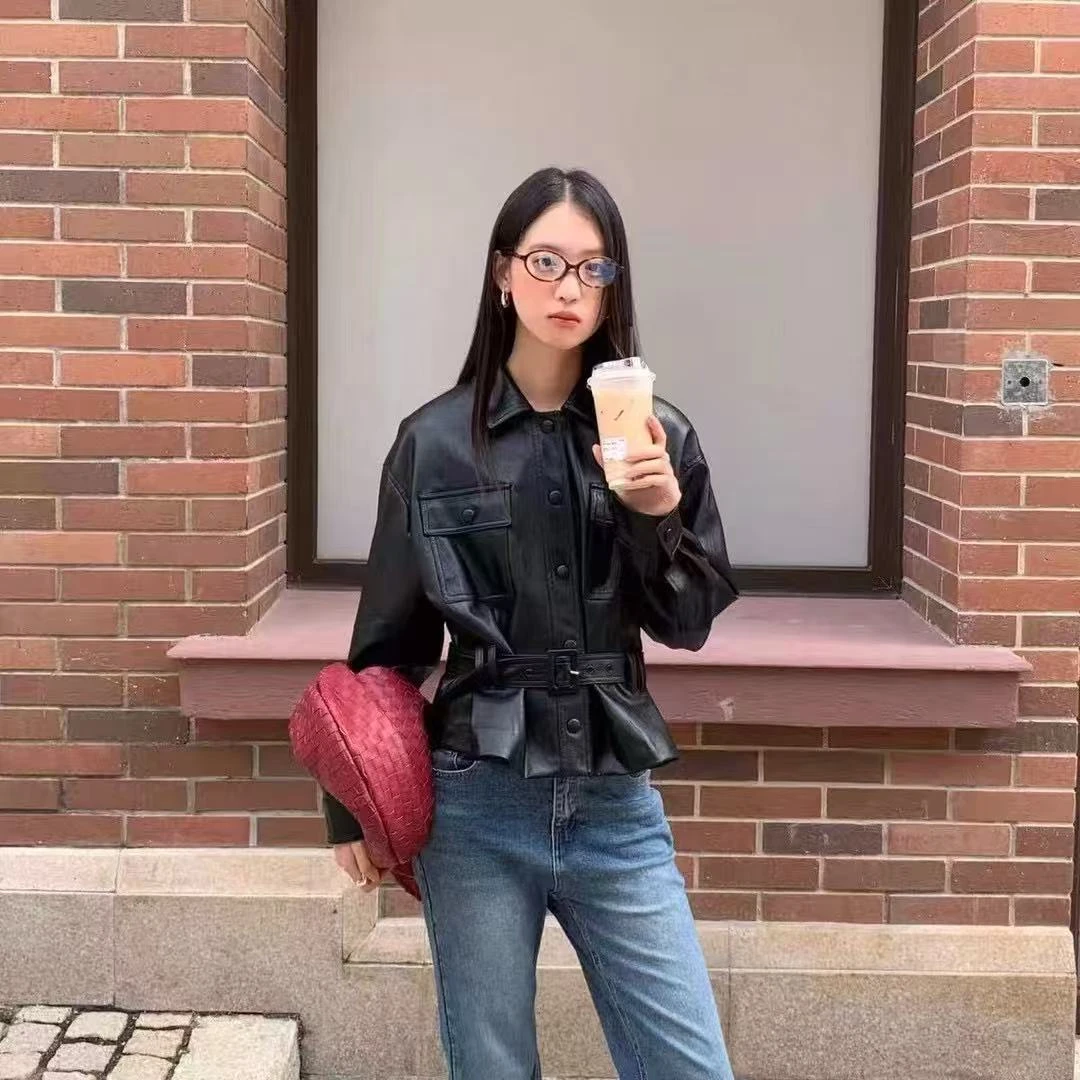 SS25716欧洲站黑色翻领pu皮衣女秋季韩系潮流带腰带休闲短外套