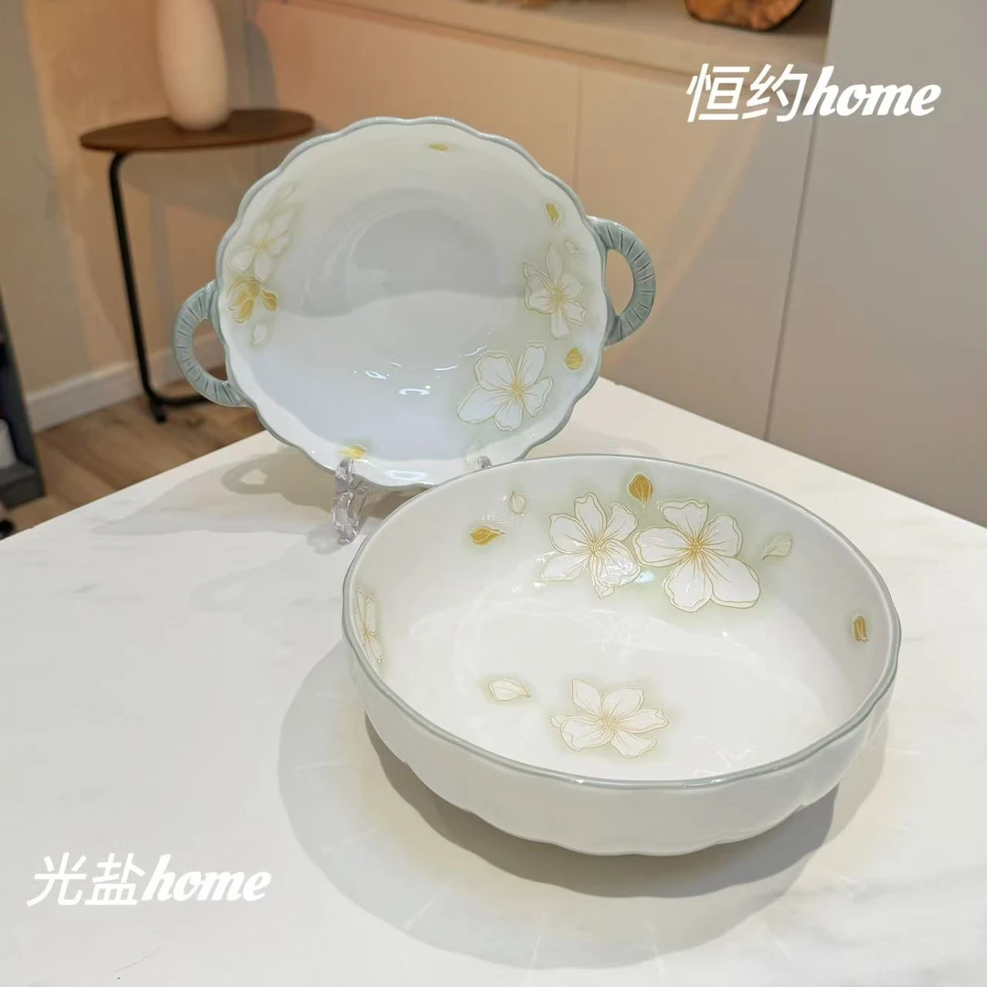 黄金叶系列清新高颜值家用陶瓷餐具酸菜鱼碗双耳汤碗套装