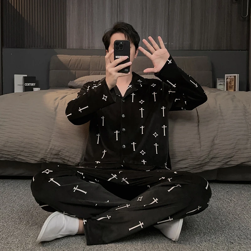 高档海岛绒男士睡衣冬季保暖加绒加厚可外穿轻奢家居服珊瑚绒套装