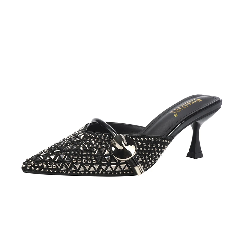 2025新款网红水钻包头拖鞋女夏外穿高跟细跟穆勒凉拖尖头凉鞋百搭