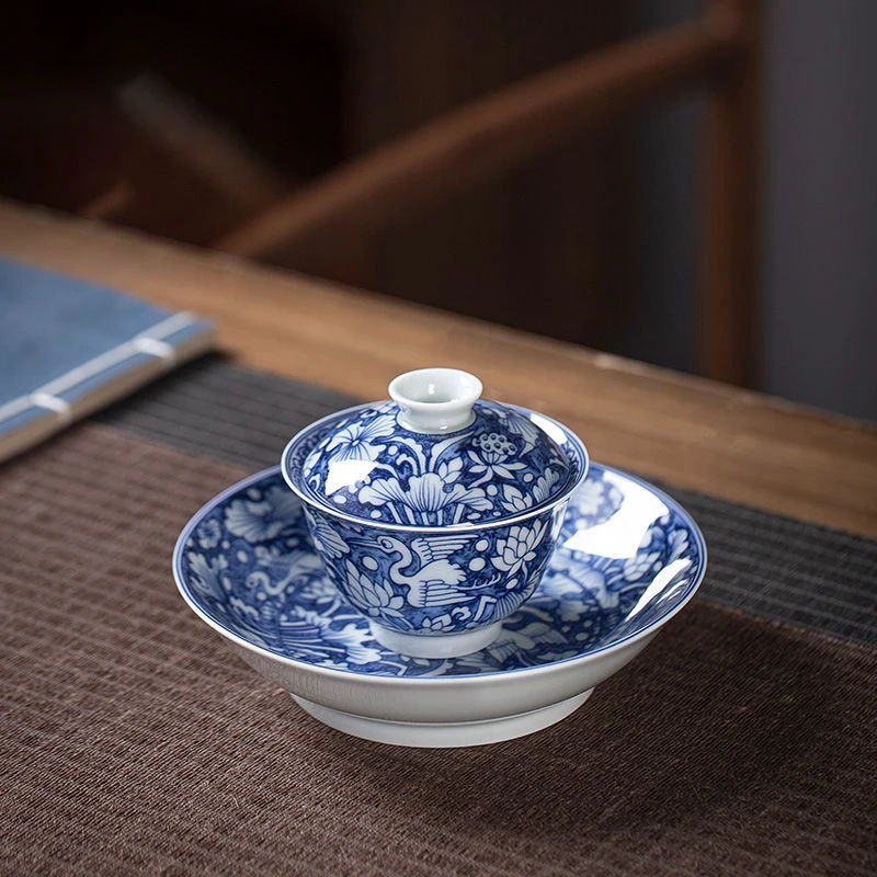 景德镇七丞堂青花瓷一鹭莲科盖碗茶杯陶瓷功夫泡茶碗主人杯客杯