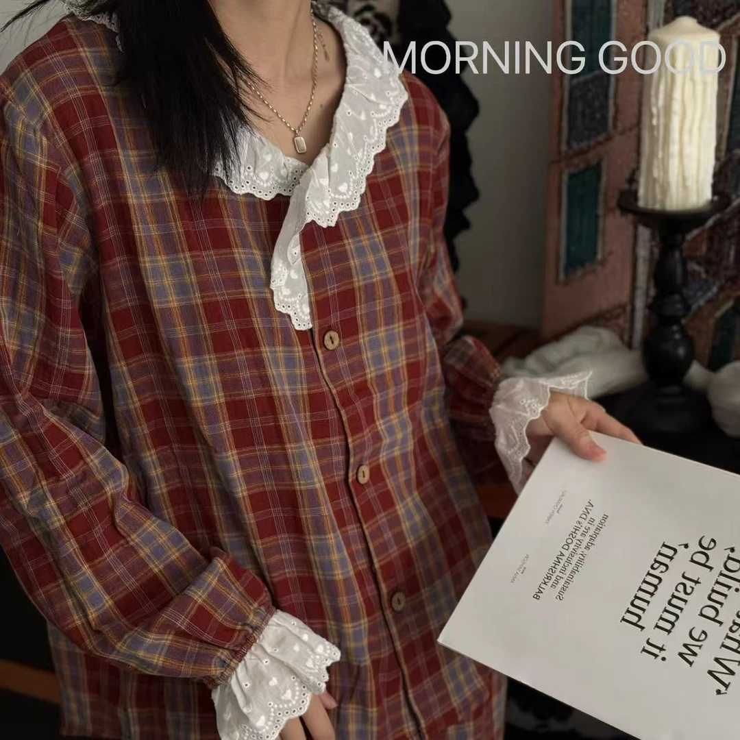 【MORNING GOOD】客订高级气质全棉色织双层纱花边款格子家居服睡衣