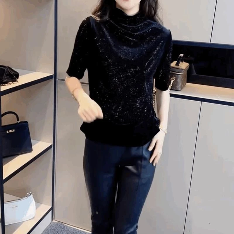 重工烫钻洋派高领丝绒短袖恤女金丝绒黑色上衣修身显瘦打底小衫
