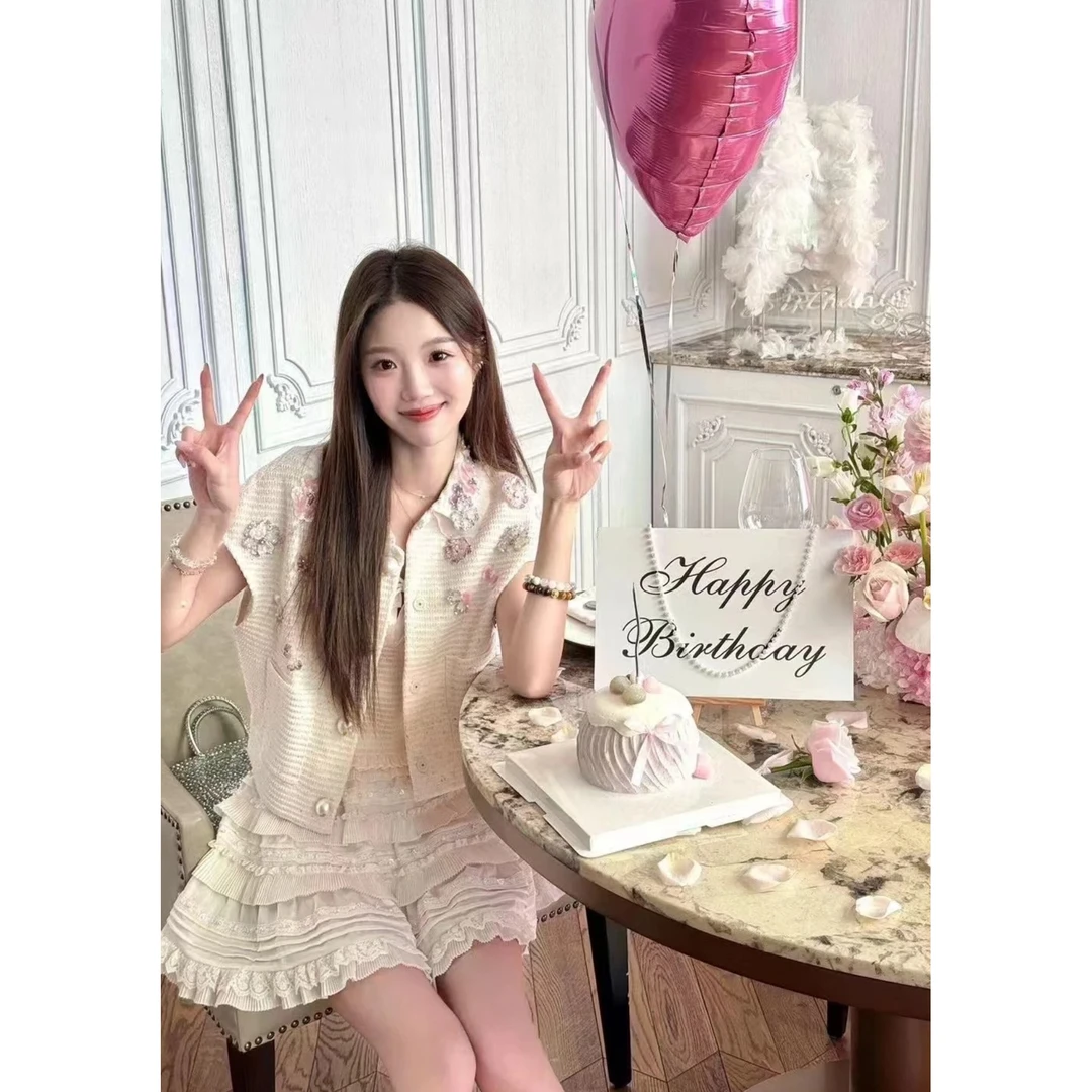 【DÉ MYSTÈRE】小众时尚立体花朵珠饰短袖开衫马甲上衣GFC2503055-2