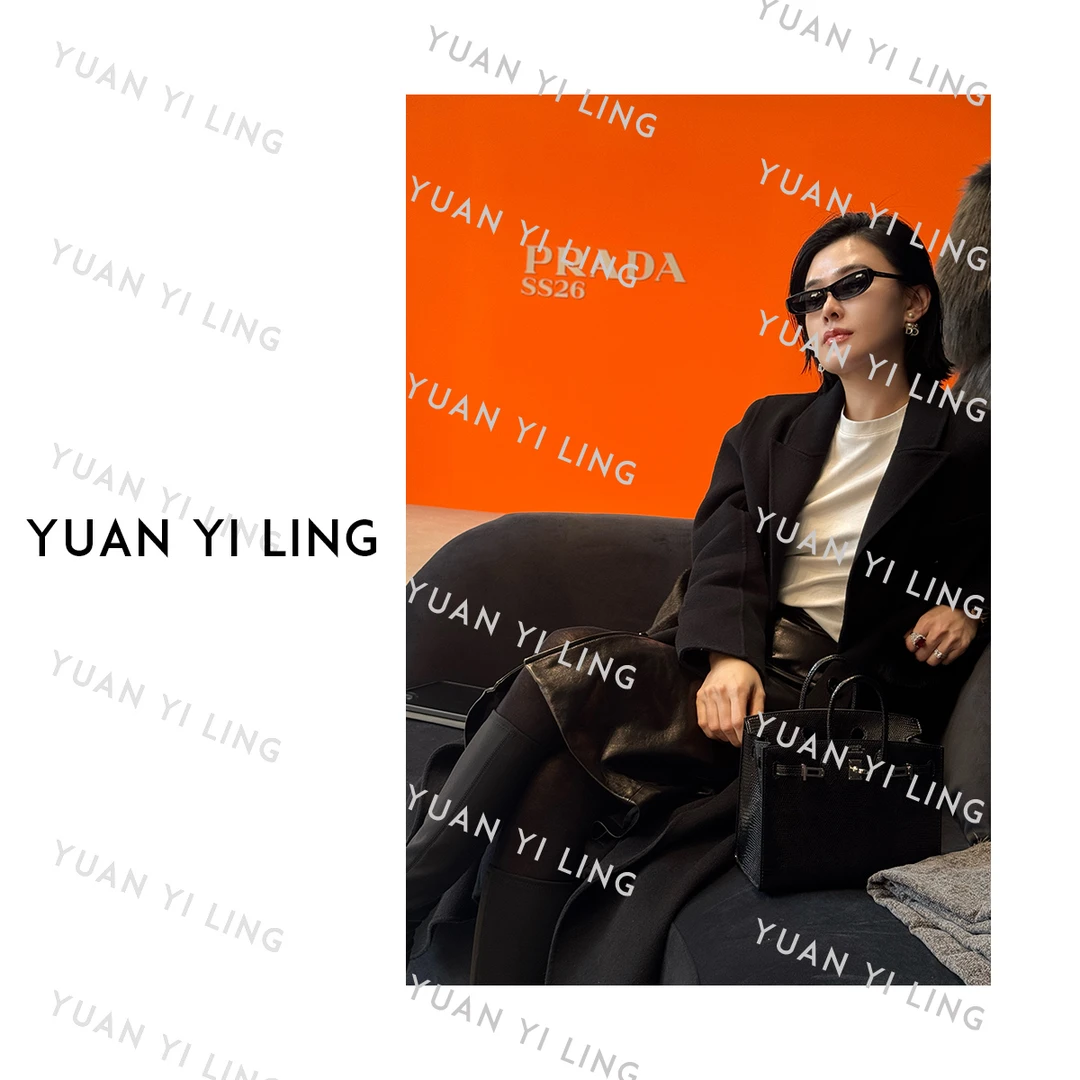 袁艺灵【F家限定】重磅羊毛高端双排扣水貂口袋V领毛呢大衣