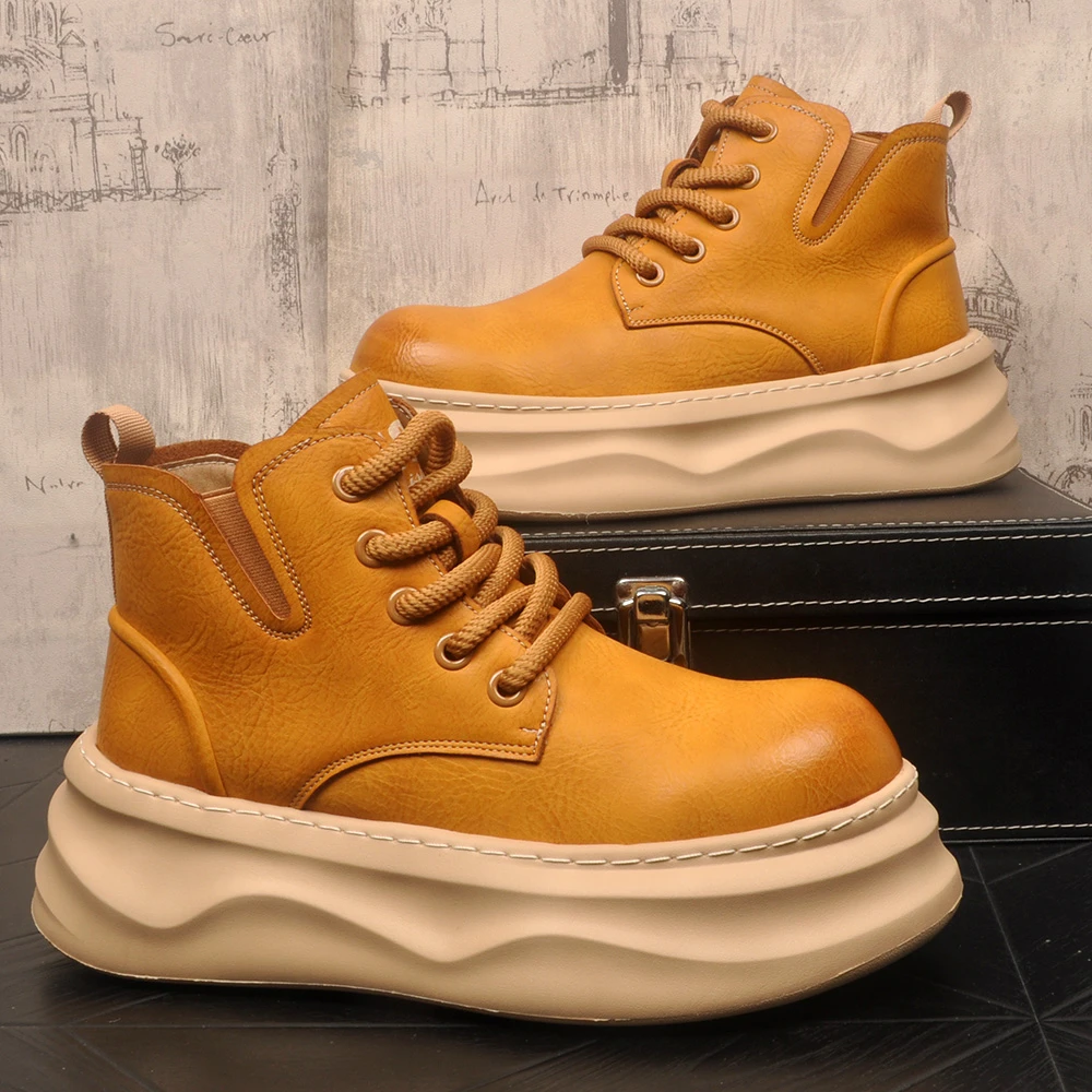 青春潮流男士厚底内增高马丁靴大黄靴冬季保暖高帮百搭户外皮靴子