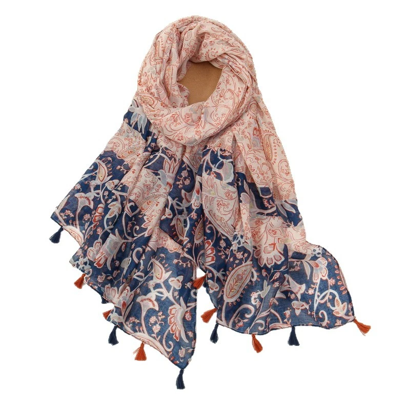 新款波西米亚旅游出行棉麻围巾女印花腰果春秋百搭薄款遮阳披肩