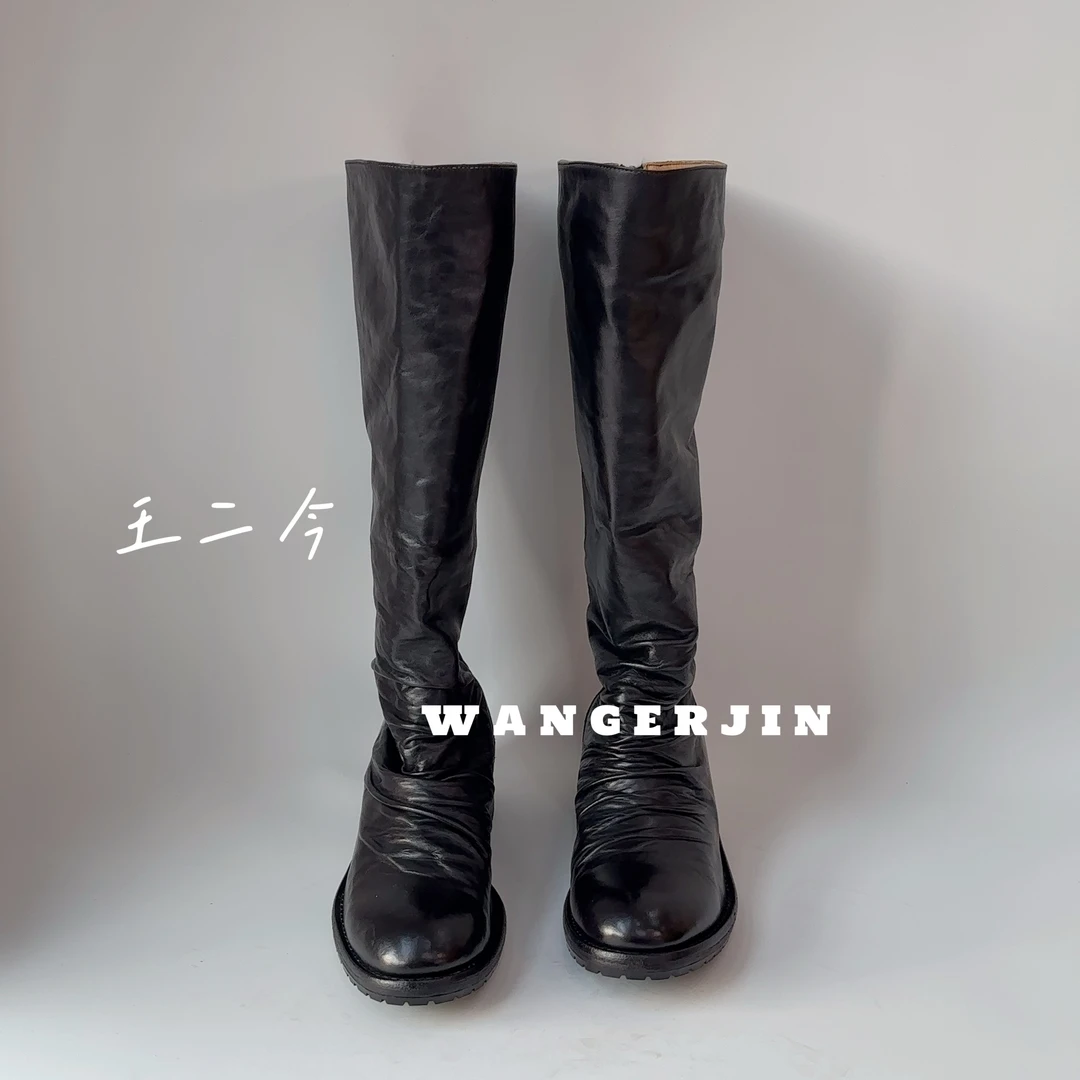 【王二今】牛皮/4CM/极简高级显瘦高筒靴及膝靴骑士靴堆堆长筒靴女