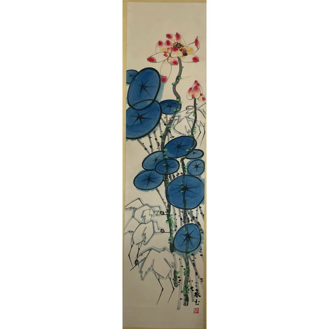 054 荷花 纸本设色立轴138×34cm