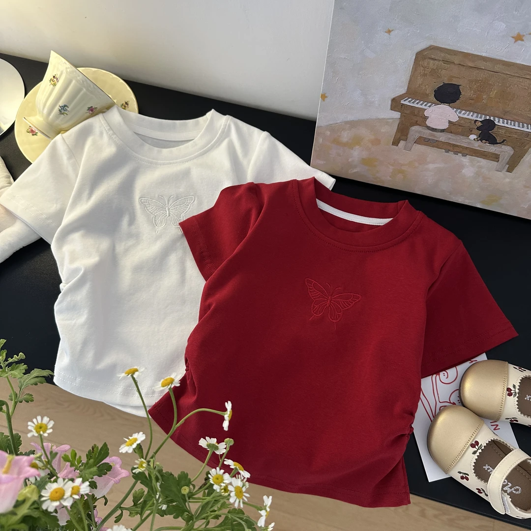 【思晨家】童装女童短袖T恤夏季新款女宝蝴蝶绣花网纱短款镂空上衣