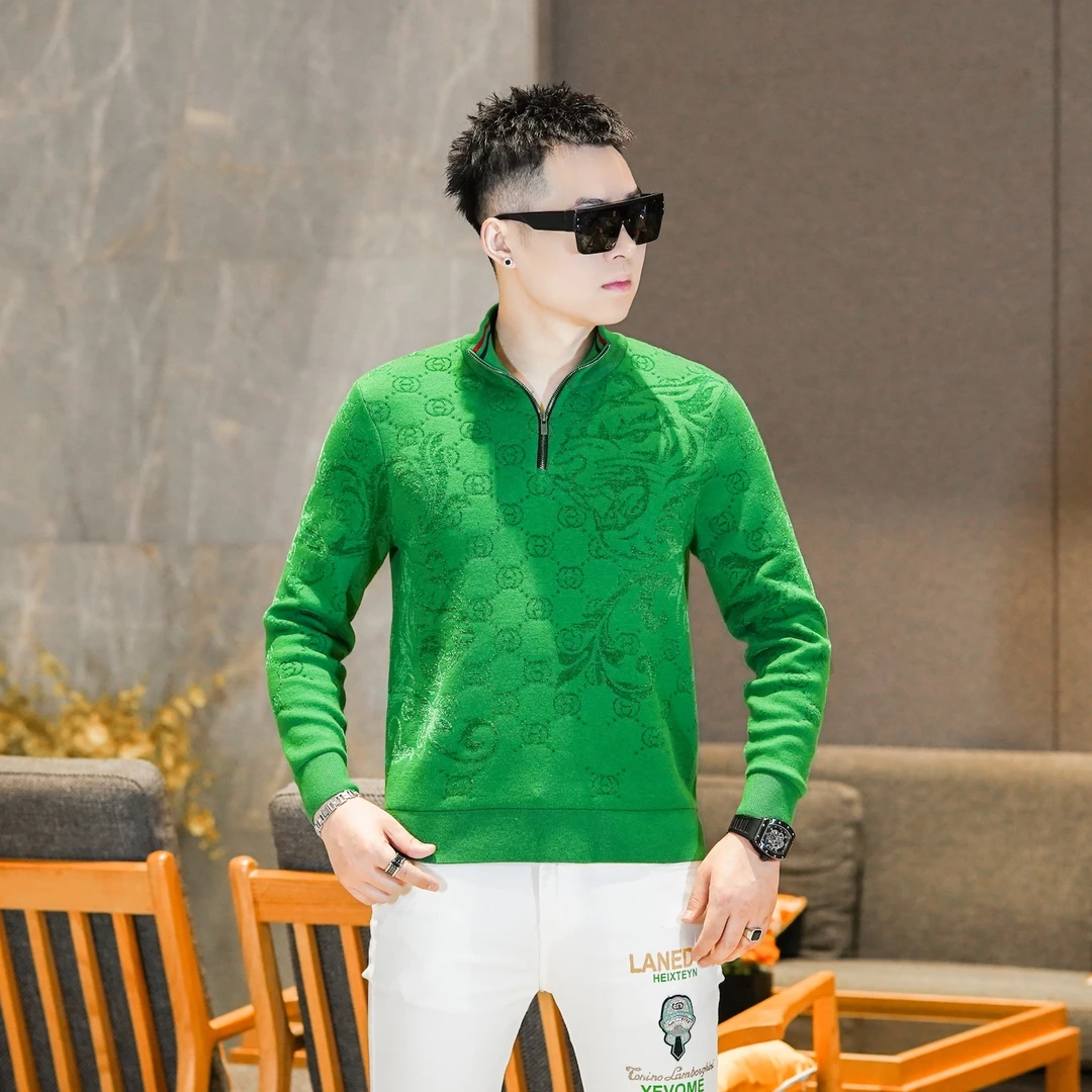 高档天鹅绒针织毛衣个性虎头字母提花绿色半拉链套头上衣男GL5103