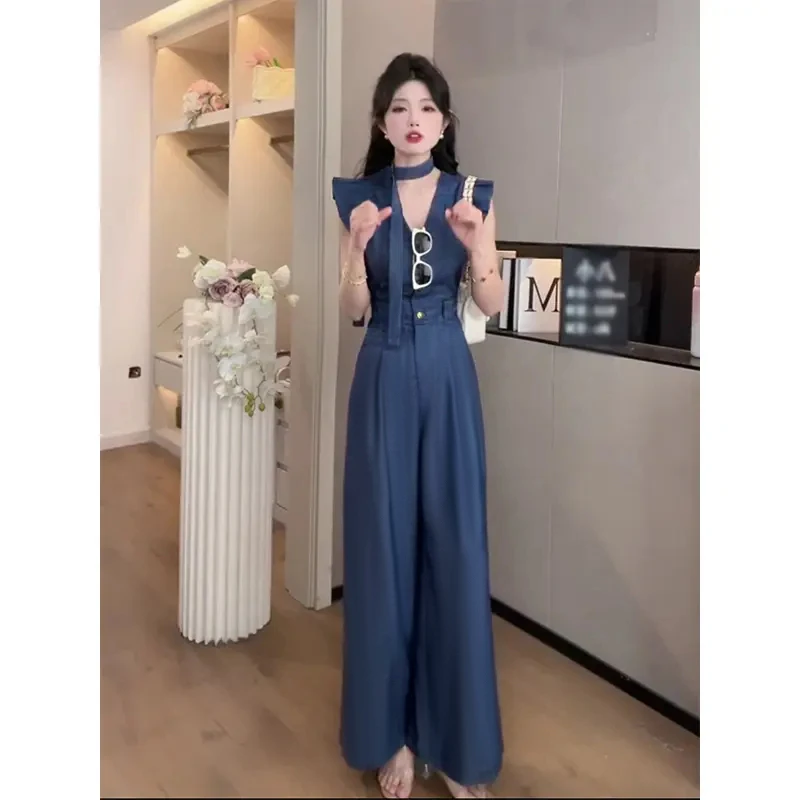 【送腰带】牛仔连体裤2025夏季新款时尚飞飞袖直筒阔腿长裤潮D1311