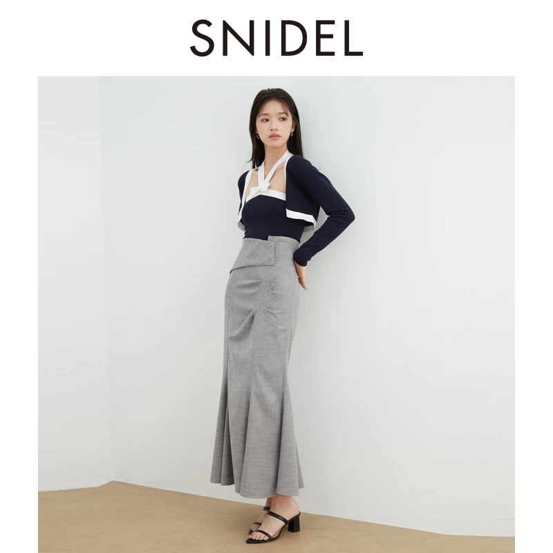 SNIDEL春夏款百搭纯色高腰翻边压褶鱼尾半身裙SWFS242044