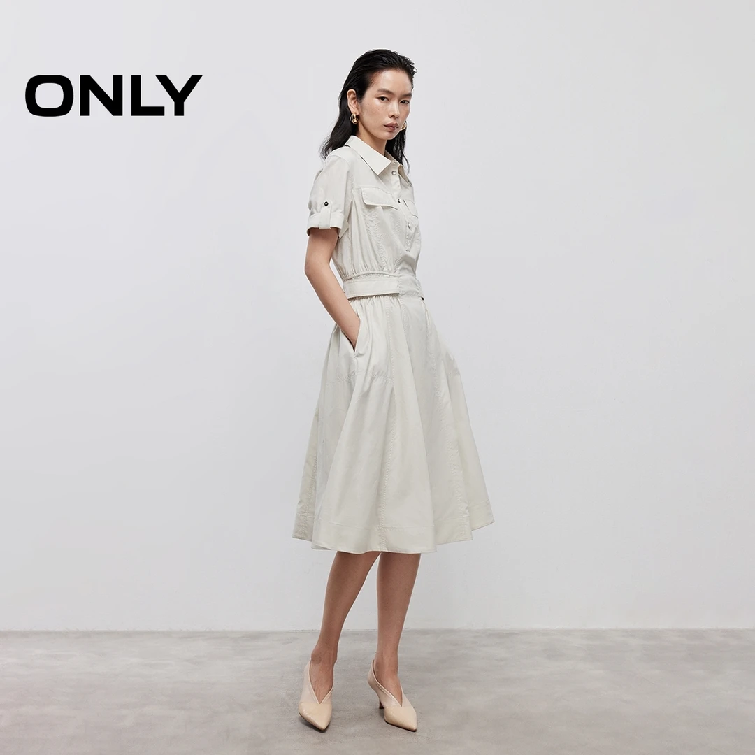 ONLY2025秋季新款工装风翻领收腰短袖衬衫裙连衣裙女|125307007