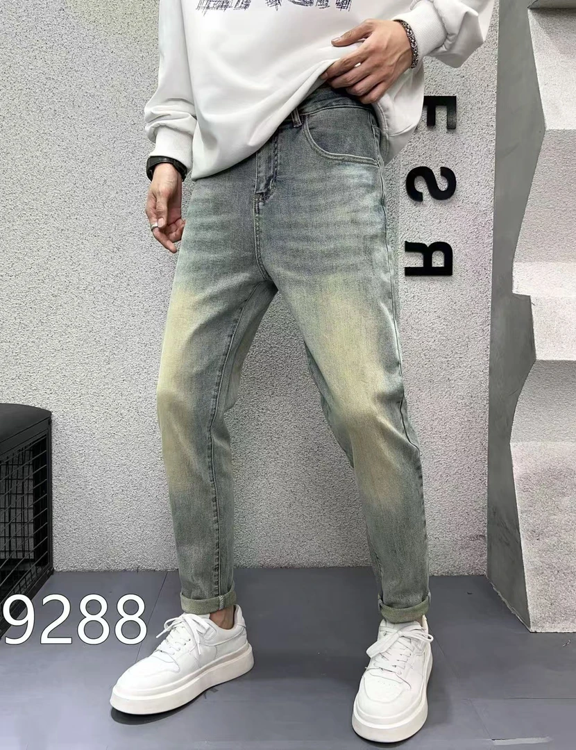 9288#早秋经典水洗新复古蓝弹力修身牛仔裤