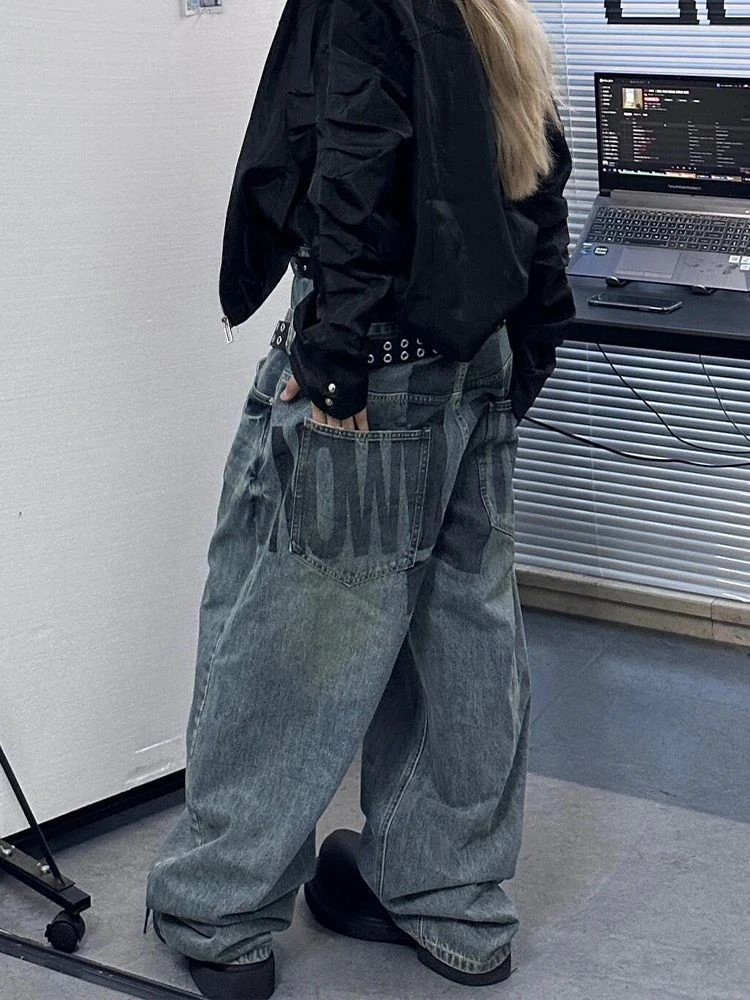 美式辣妹个性设计感字母印花牛仔裤子女复古解构双腰头拖地阔腿裤