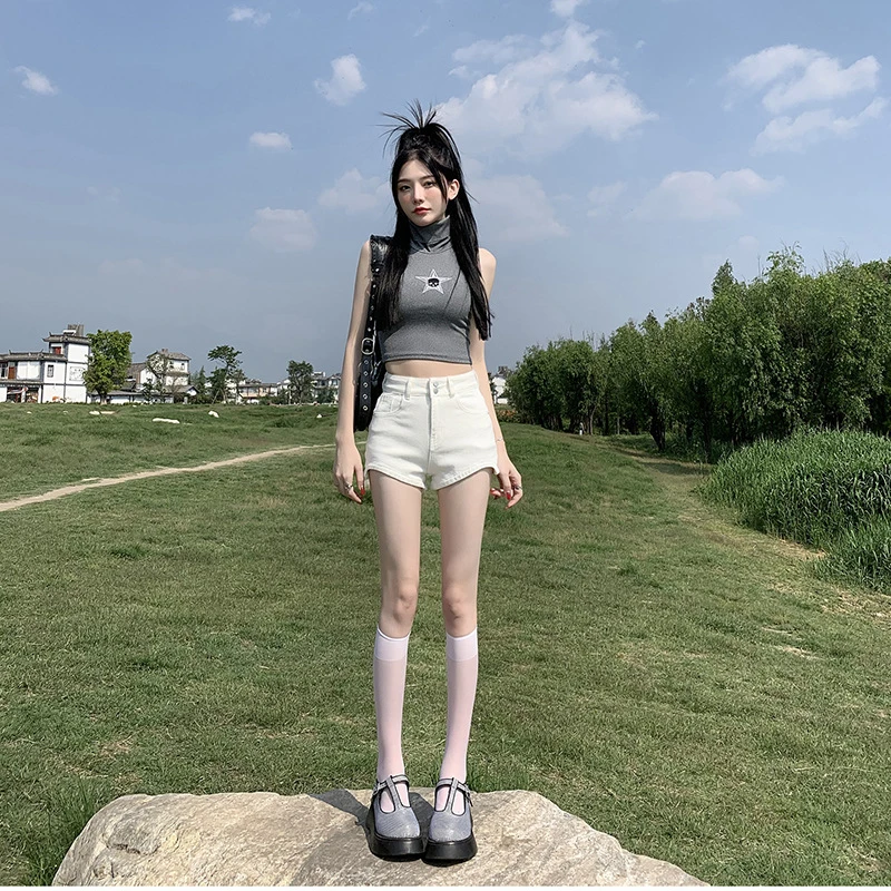 辣妹显瘦白色黑色设计感时尚百搭夏季高腰外穿短款牛仔短裤 20