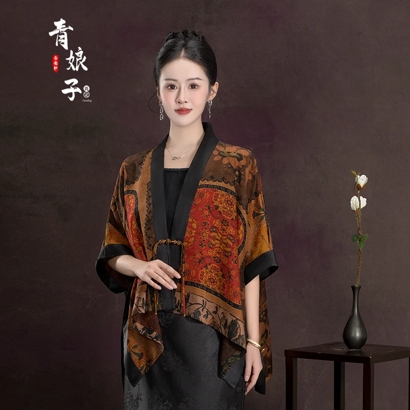 青娘子红云纱（君辞）印花花萝新中式复古宽松百搭一字肩上衣60113