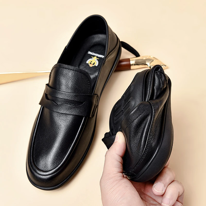 头层牛皮休闲一脚蹬豆豆鞋轻巧休闲乐福鞋透气黑色软底软面男士